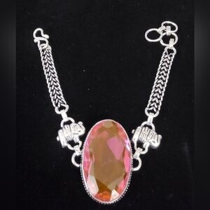 Handmade 925 Sterling Silver Pink Topaz Quartz Elephant  Gemstone Bracelet